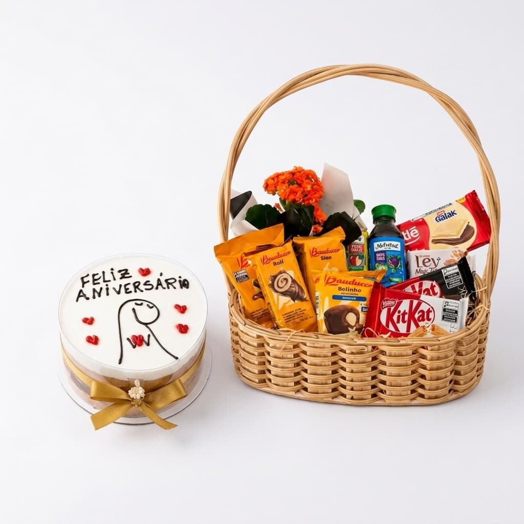 Cesta de Café da Tarde de Aniversário com Bolo Bento Cake