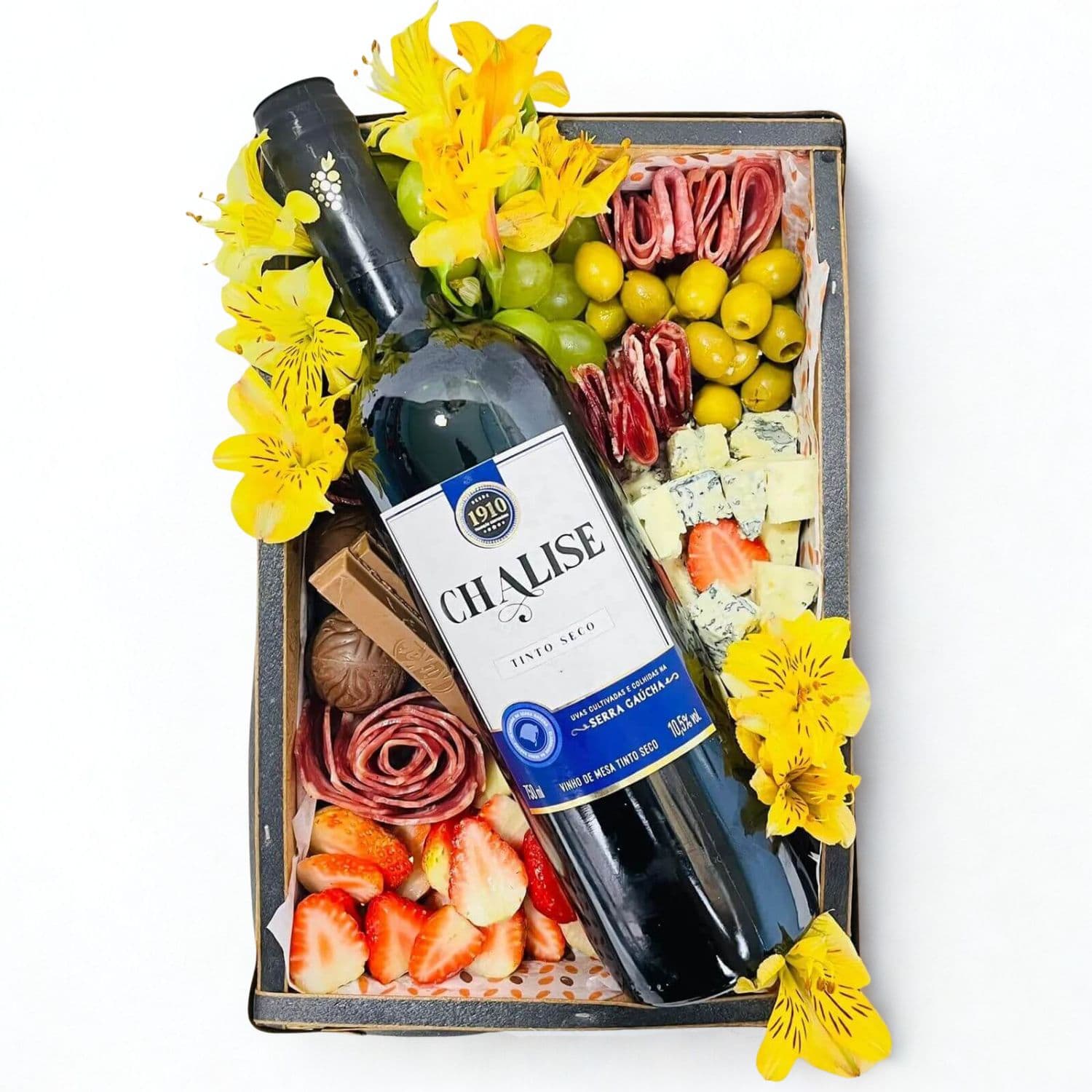 Bandeja de Frios Pequena com Salame, Fruta, Geleia, Bolachas, Queijo, Chocolates e Vinho